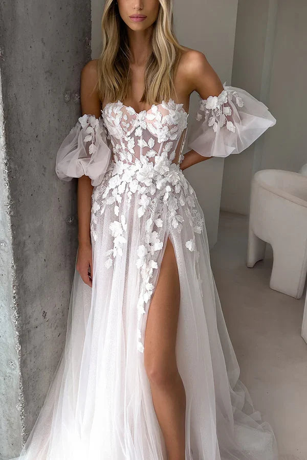 A-Line Sweetheart Lace Sleeveless Applique Wedding Dress - Chloe Dress