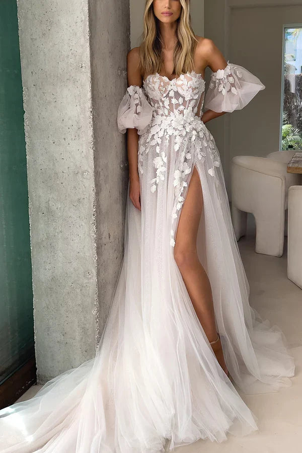 A-Line Sweetheart Lace Sleeveless Applique Wedding Dress - Chloe Dress
