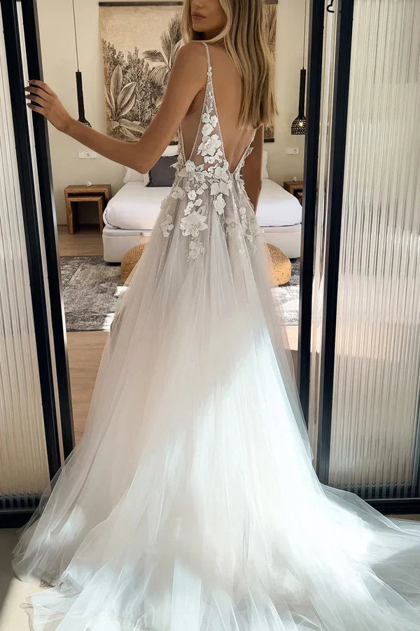 A-Line V-Neck Lace Applique Wedding Dress - Chloe Dress