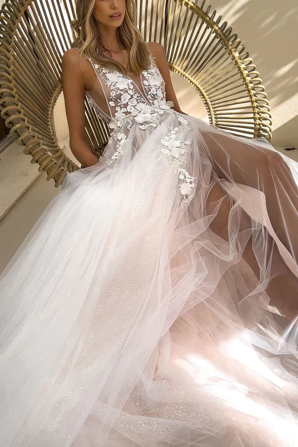 A-Line V-Neck Lace Applique Wedding Dress - Chloe Dress