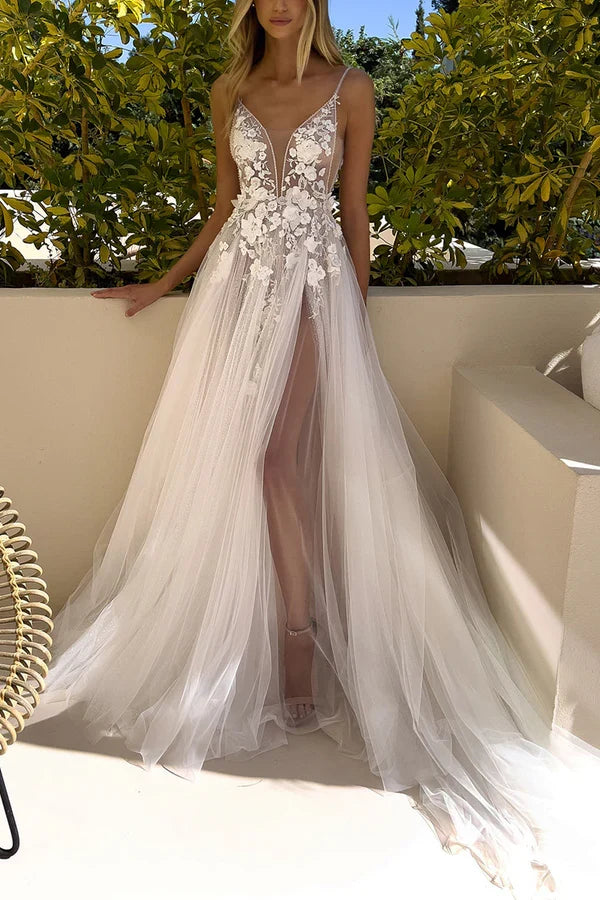 A-Line V-Neck Lace Applique Wedding Dress - Chloe Dress