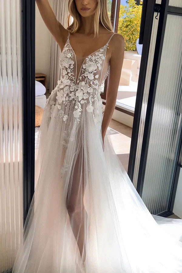 A-Line V-Neck Lace Applique Wedding Dress - Chloe Dress