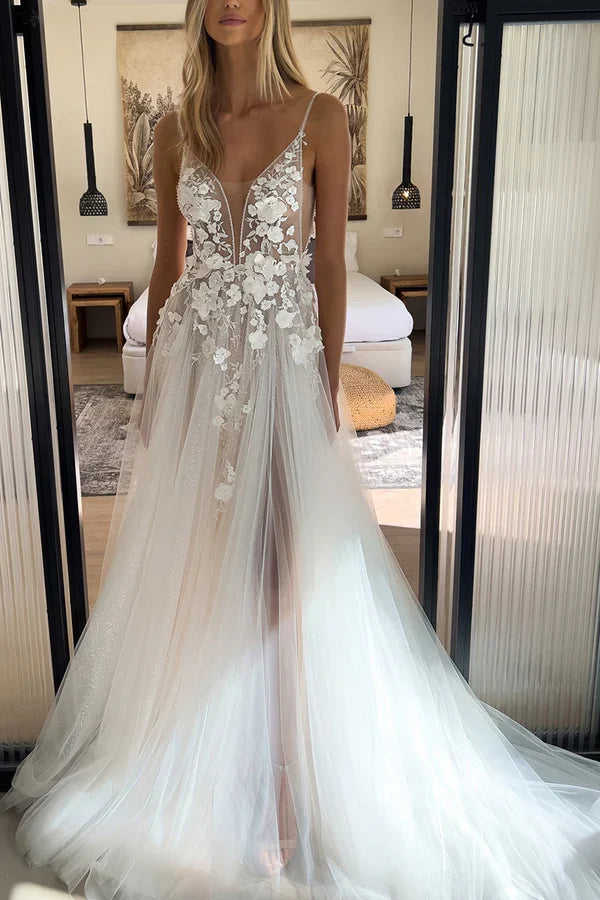 A-Line V-Neck Lace Applique Wedding Dress - Chloe Dress