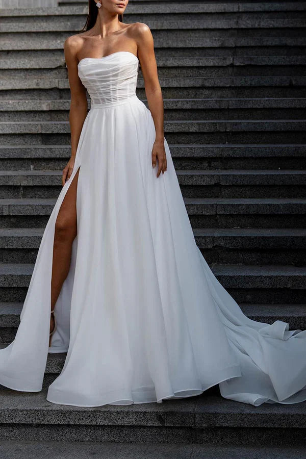 White A-Line Strapless Pleated Wedding Dress - Chloe Dress