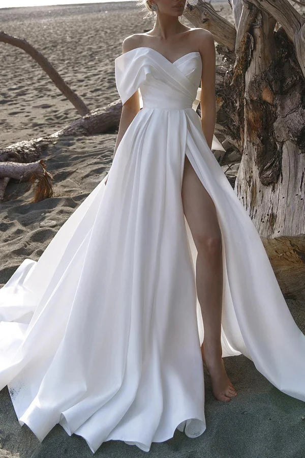 White One-Shoulder Satin Pleated Wedding Dress - Chloe Dress