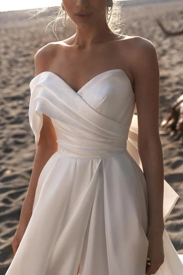 White One-Shoulder Satin Pleated Wedding Dress - Chloe Dress