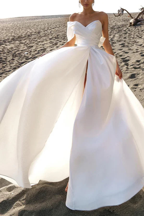 White One-Shoulder Satin Pleated Wedding Dress - Chloe Dress