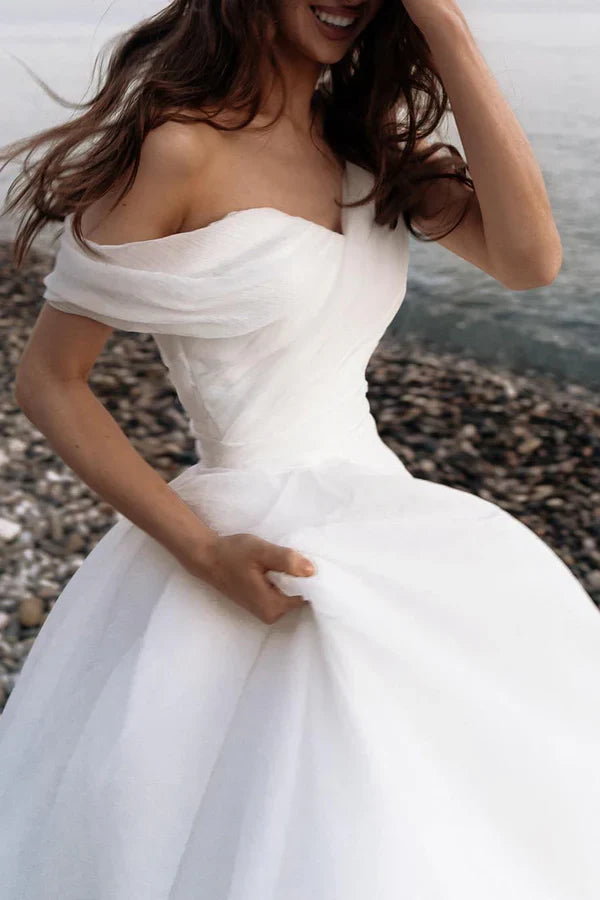 White A-Line Organza Pleated Wedding Dress - Chloe Dress