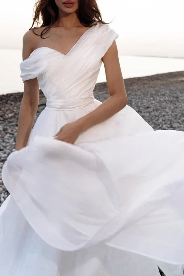 White A-Line Organza Pleated Wedding Dress - Chloe Dress