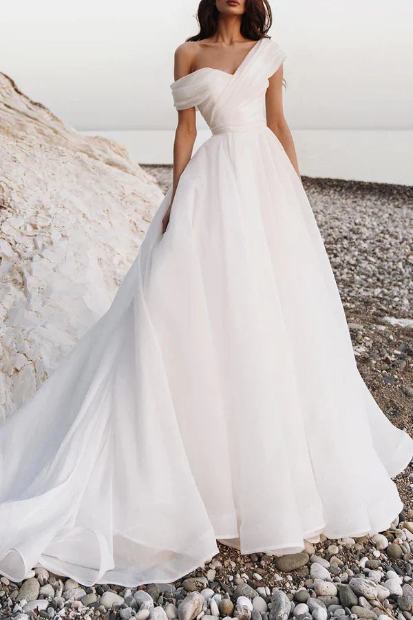 White A-Line Organza Pleated Wedding Dress - Chloe Dress