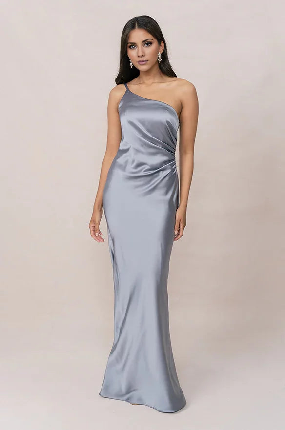 Blue One-Shoulder Satin Floor-Length Wedding Gown - Chloe Dress