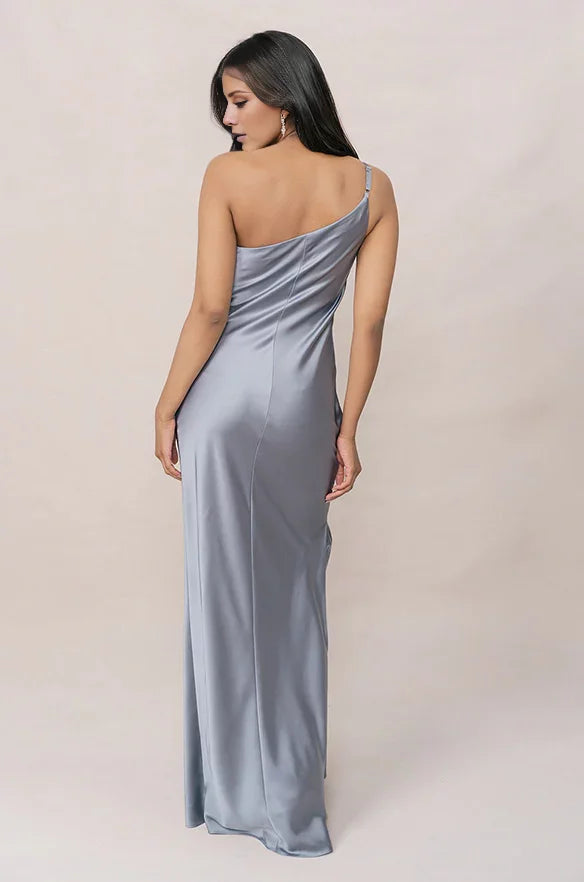 Blue One-Shoulder Satin Floor-Length Wedding Gown - Chloe Dress
