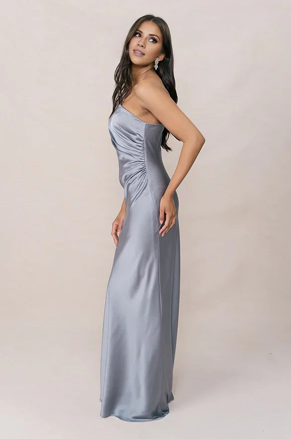 Blue One-Shoulder Satin Floor-Length Wedding Gown - Chloe Dress