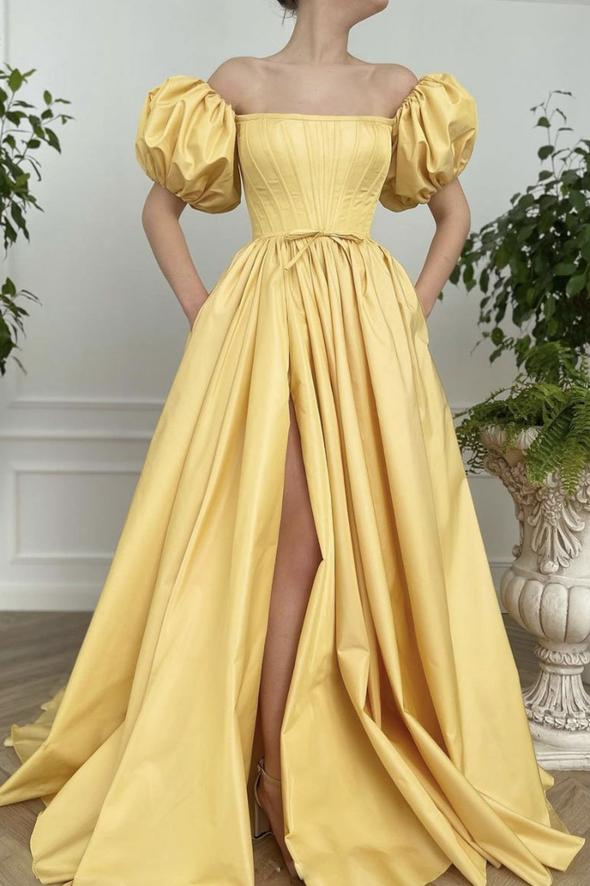 A-Line Off-Shoulder Lace-Up Back High Slit Floor-Length Evening Dress - Chloe Dress