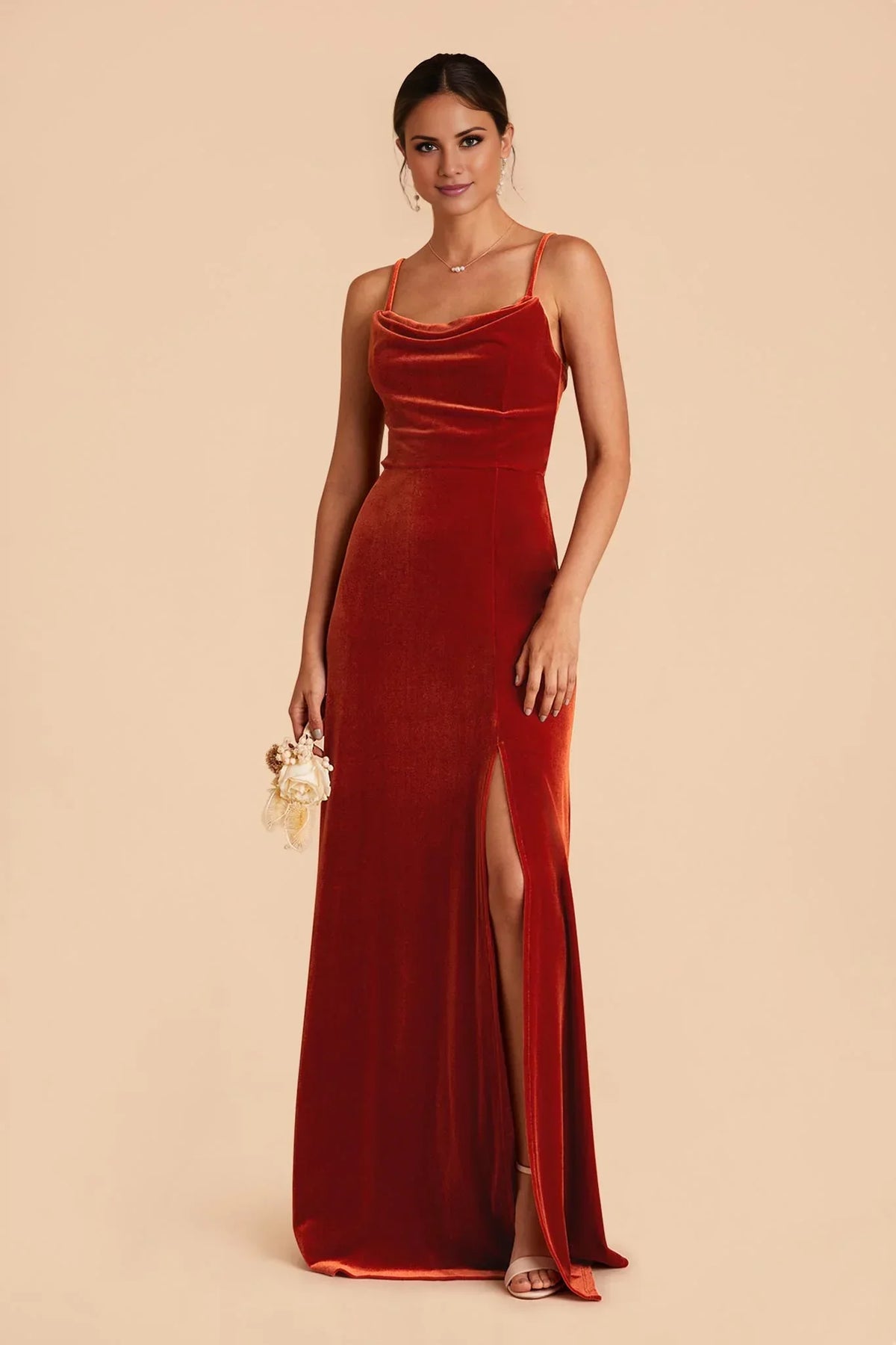 Orange Square Neck Velvet High Slit Floor-Length Wedding Dress - Chloe Dress