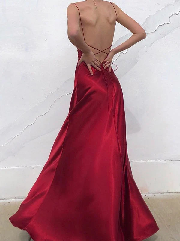 Mermaid Spaghetti Strap Satin Open Back Floor-Length Evening Dress - Chloe Dress