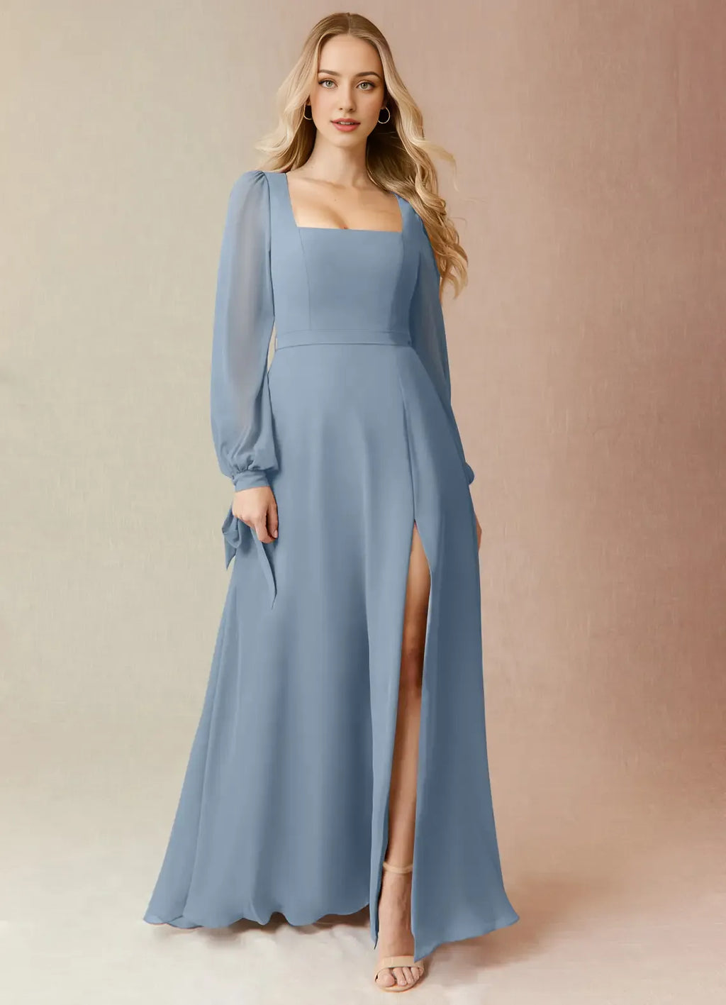 A-Line Square Neck Chiffon Puff Sleeve Floor-Length Wedding Dress - Chloe Dress