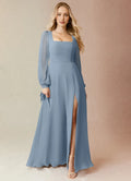 A-Line Square Neck Chiffon Puff Sleeve Floor-Length Wedding Dress - Chloe Dress