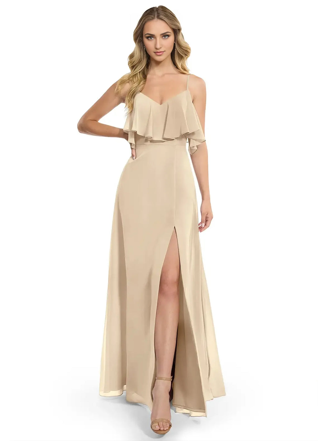 A-Line V-Neck Chiffon Open Back Ruffled Floor-Length Wedding Dress - Chloe Dress