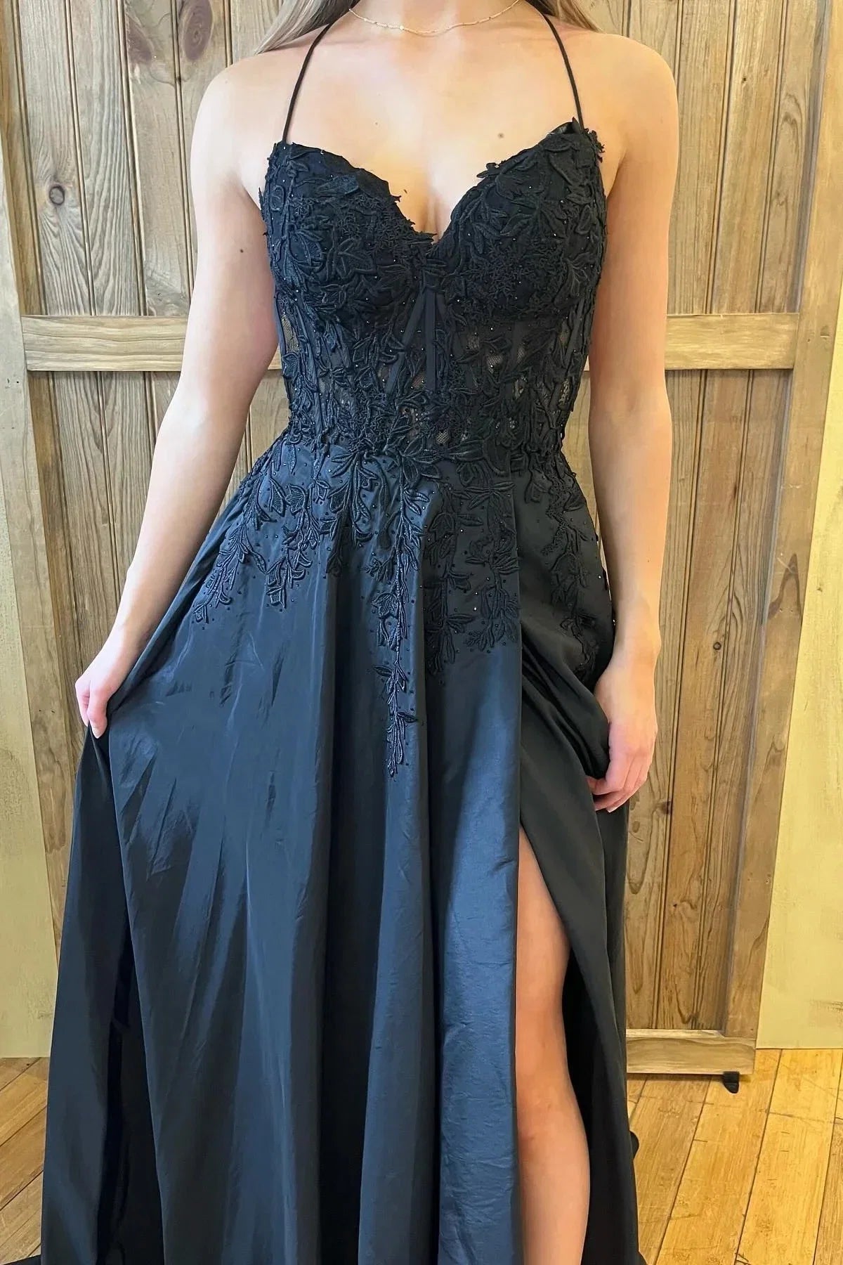 Black Lace Corset A‑Line High Slit Criss‑Cross Lace‑Up Back Prom Dresses