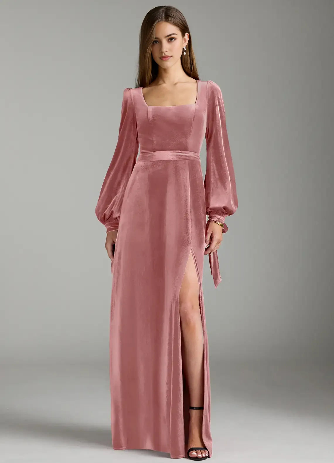 A-Line Square Neck Velvet Puff Sleeve Zipper Back Floor-Length Wedding Dress - Chloe Dress