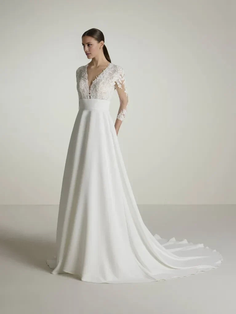 A-Line V-Neck Lace Three-Quarter Sleeve Open Back Floor-Length Wedding Dress - Chloe Dress