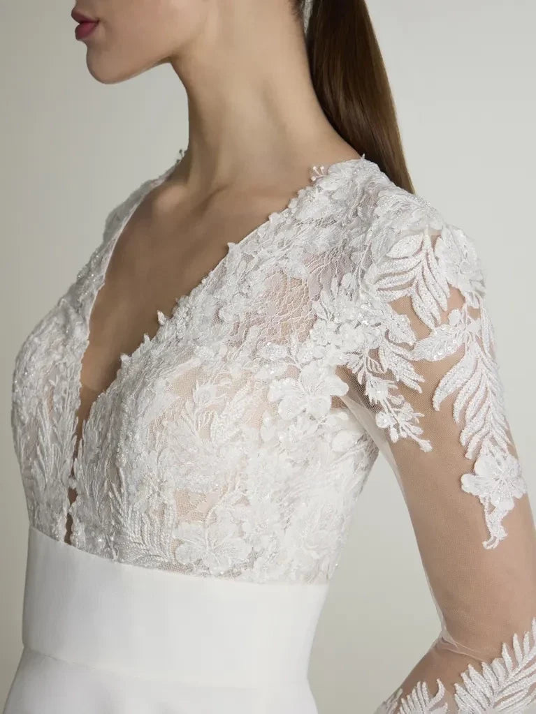 A-Line V-Neck Lace Three-Quarter Sleeve Open Back Floor-Length Wedding Dress - Chloe Dress