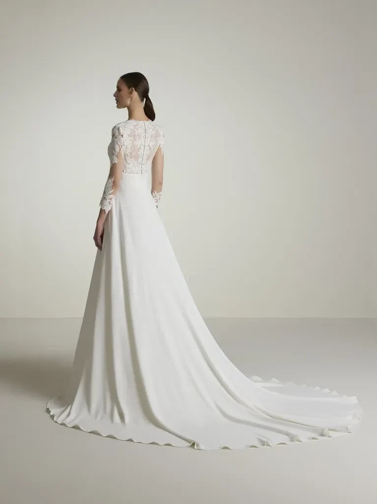 A-Line V-Neck Lace Three-Quarter Sleeve Open Back Floor-Length Wedding Dress - Chloe Dress