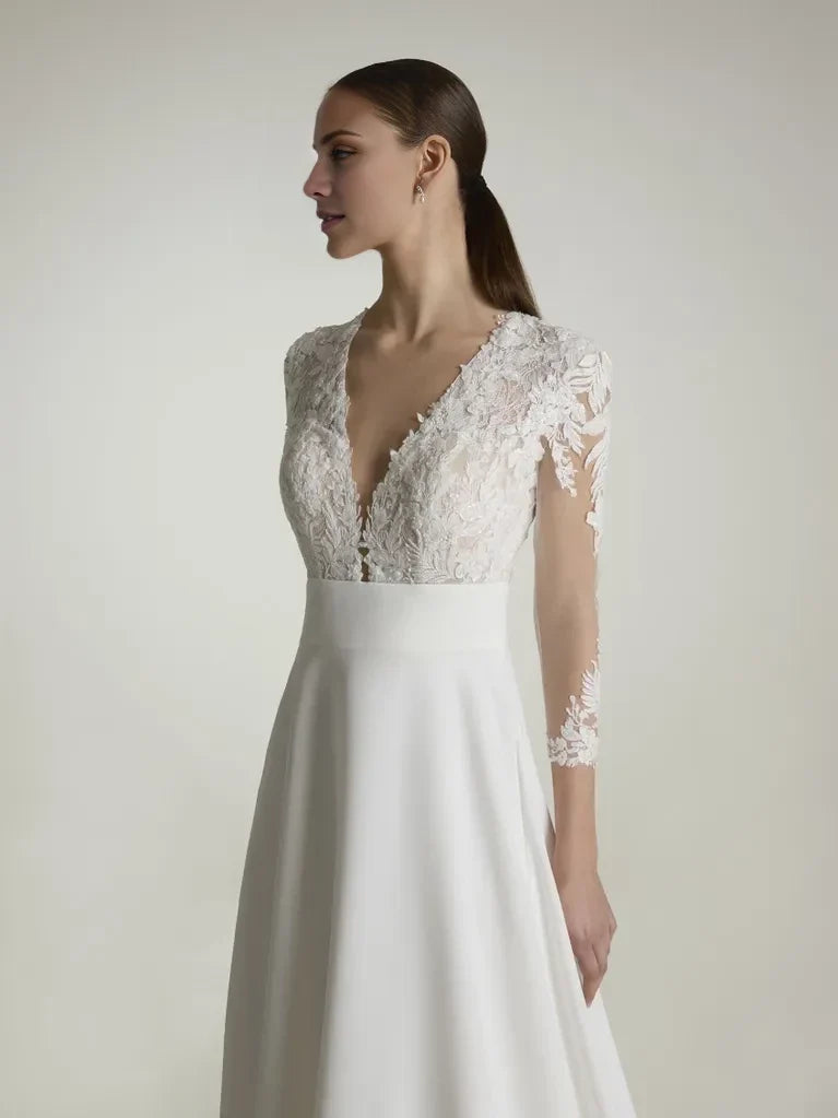 A-Line V-Neck Lace Three-Quarter Sleeve Open Back Floor-Length Wedding Dress - Chloe Dress