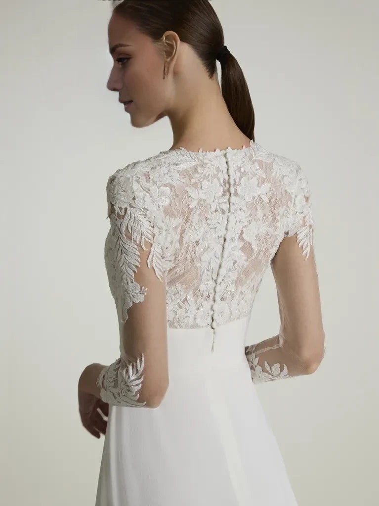 A-Line V-Neck Lace Three-Quarter Sleeve Open Back Floor-Length Wedding Dress - Chloe Dress