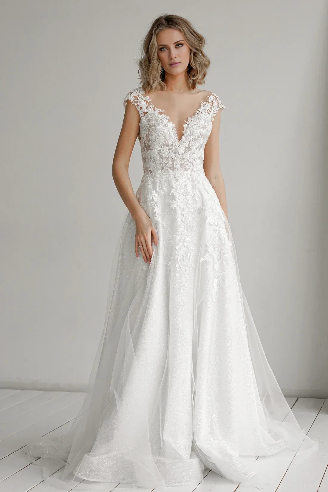 A-Line V-Neck Lace Embroidered Floor-Length Wedding Dress - Chloe Dress