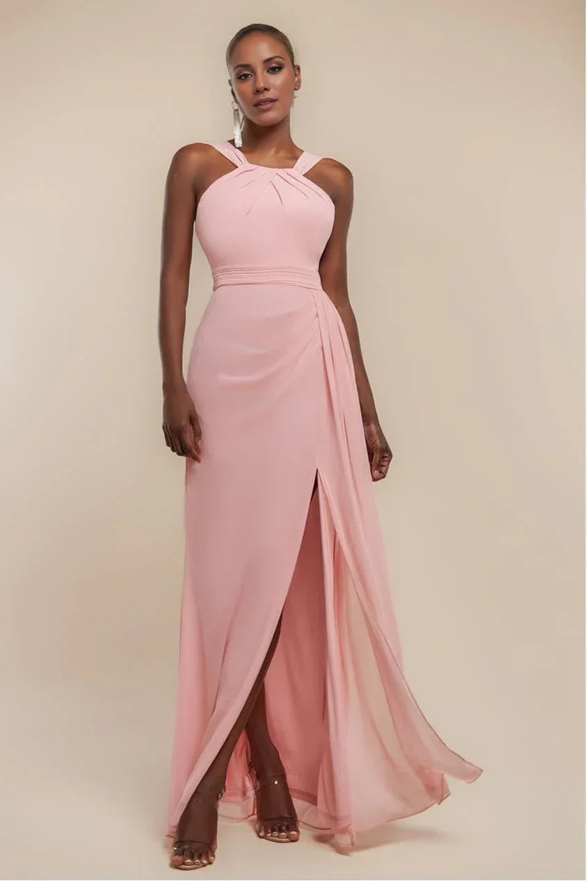 A-Line Halter Chiffon Sleeveless Lace-Up Back High Slit Floor-Length Evening Dress - Chloe Dress