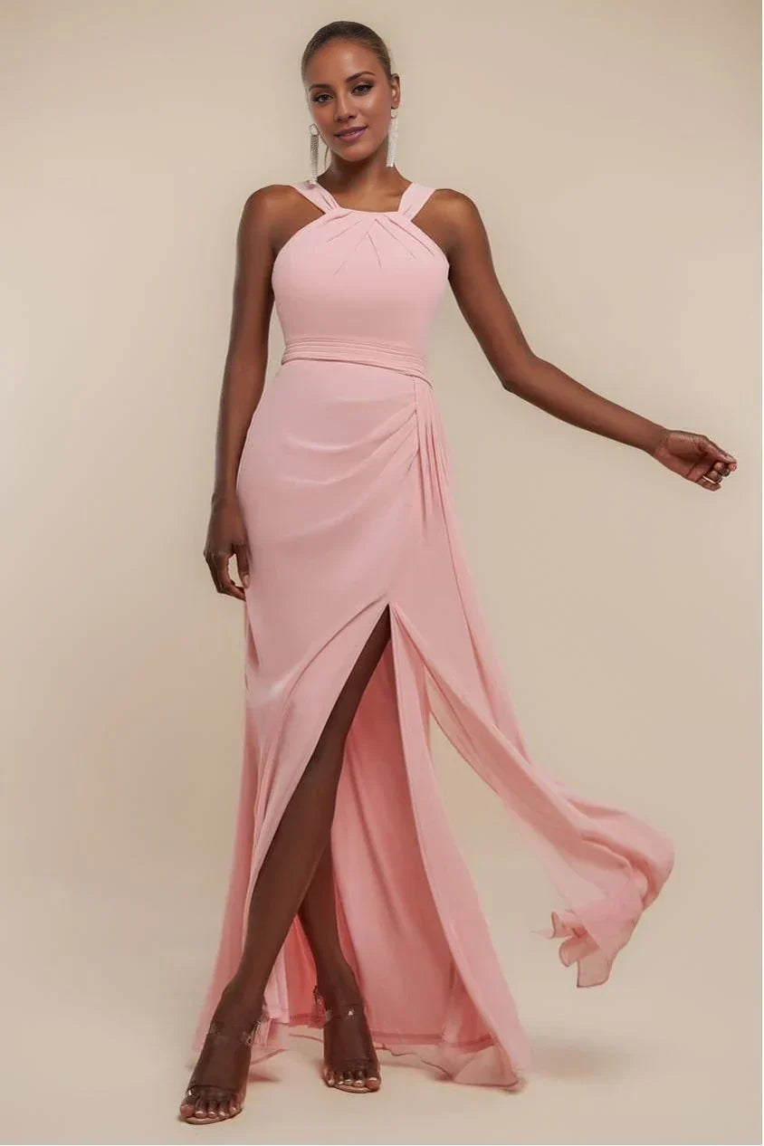 A-Line Halter Chiffon Sleeveless Lace-Up Back High Slit Floor-Length Evening Dress - Chloe Dress