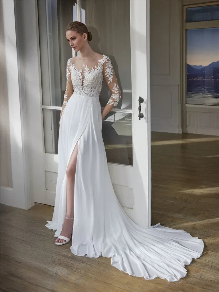 A-Line Illusion Lace Three-Quarter Sleeve Open Back Floor-Length Wedding Dress - Chloe Dress