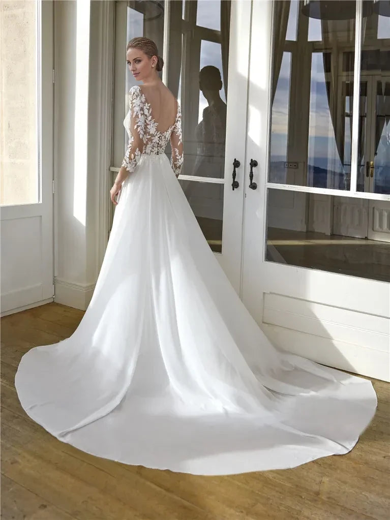 A-Line Illusion Lace Three-Quarter Sleeve Open Back Floor-Length Wedding Dress - Chloe Dress