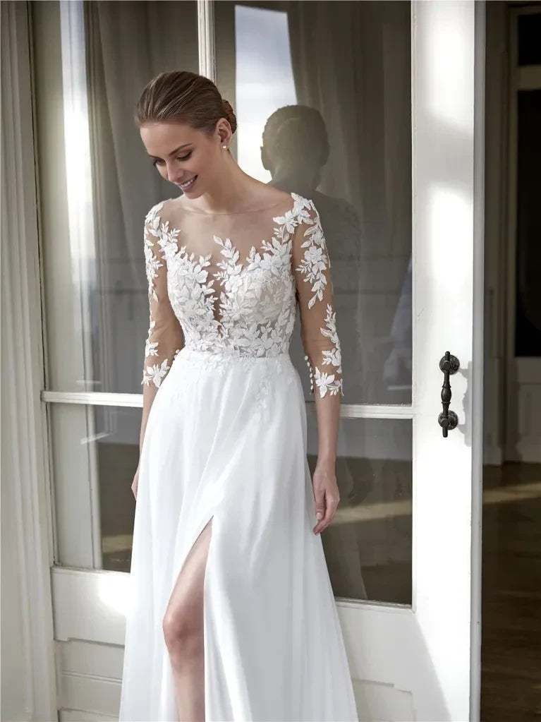 A-Line Illusion Lace Three-Quarter Sleeve Open Back Floor-Length Wedding Dress - Chloe Dress