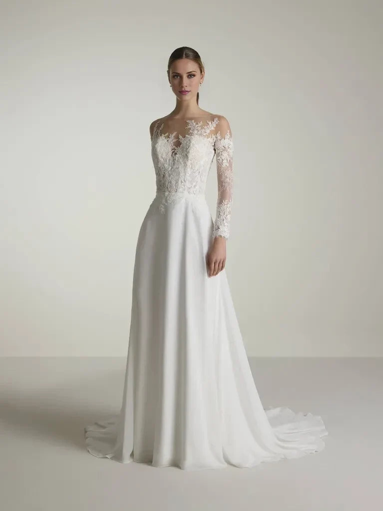 A-Line Illusion Lace Long Sleeve Open Back Floor-Length Wedding Dress - Chloe Dress
