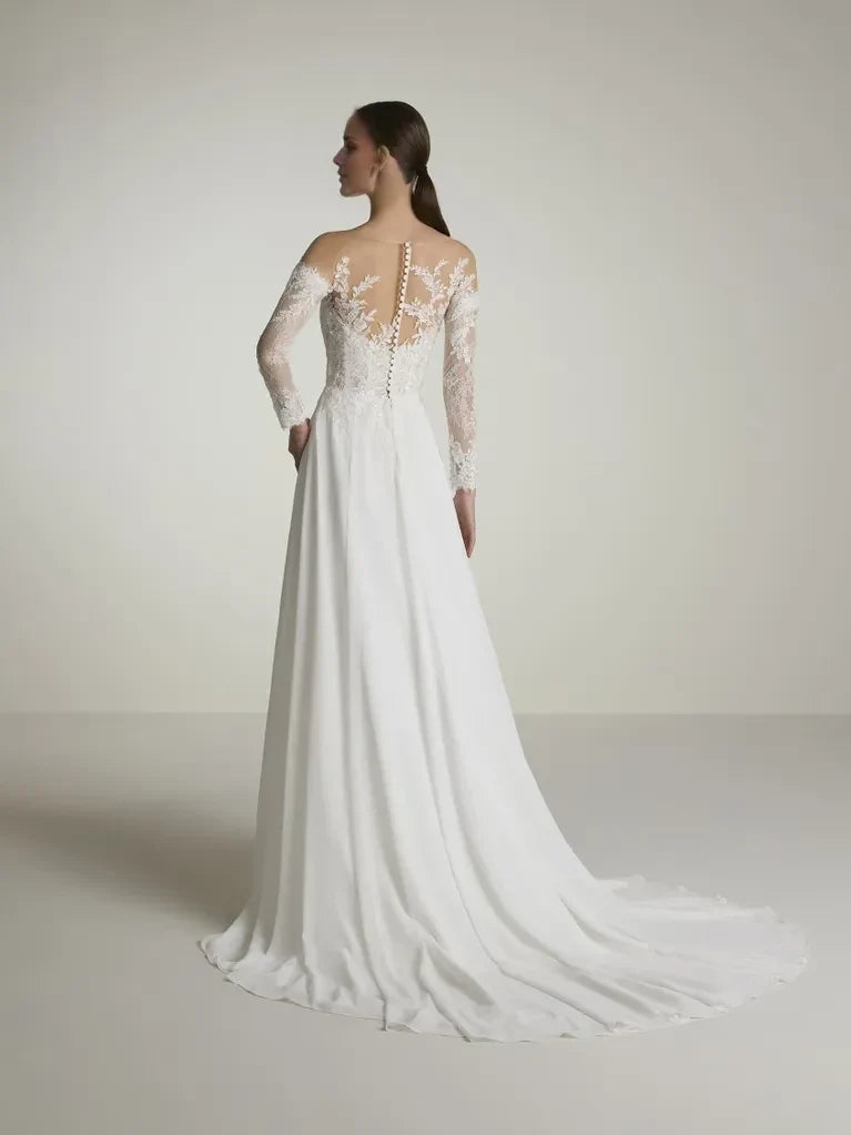 A-Line Illusion Lace Long Sleeve Open Back Floor-Length Wedding Dress - Chloe Dress