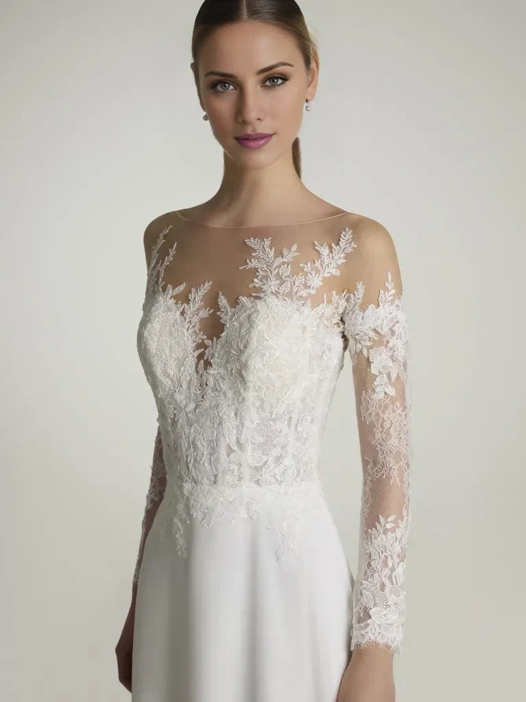 A-Line Illusion Lace Long Sleeve Open Back Floor-Length Wedding Dress - Chloe Dress
