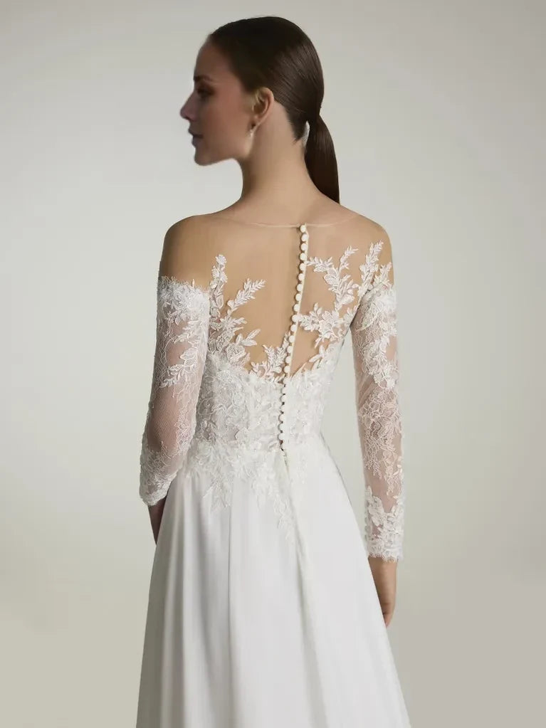 A-Line Illusion Lace Long Sleeve Open Back Floor-Length Wedding Dress - Chloe Dress