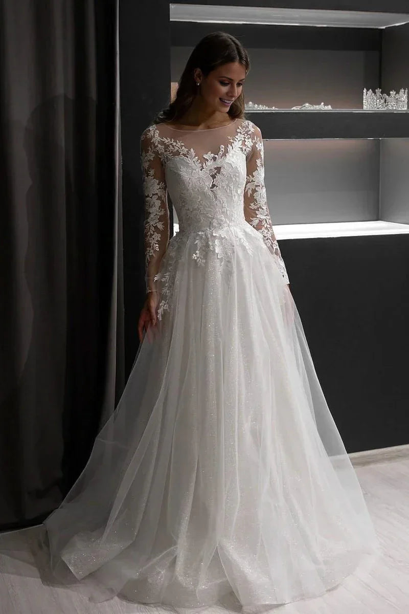 A-Line Illusion Lace Long Sleeve Floor-Length Wedding Dress - Chloe Dress