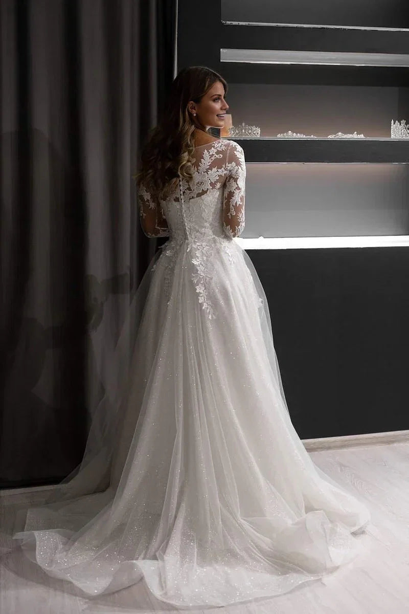 A-Line Illusion Lace Long Sleeve Floor-Length Wedding Dress - Chloe Dress