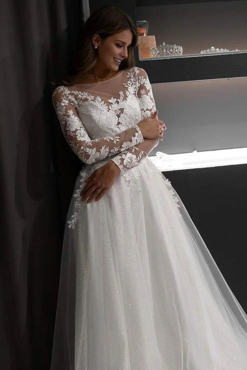 A-Line Illusion Lace Long Sleeve Floor-Length Wedding Dress - Chloe Dress