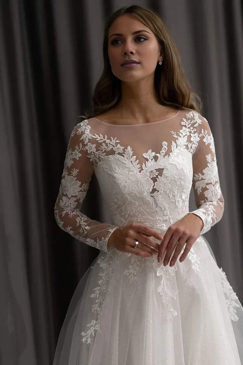 A-Line Illusion Lace Long Sleeve Floor-Length Wedding Dress - Chloe Dress