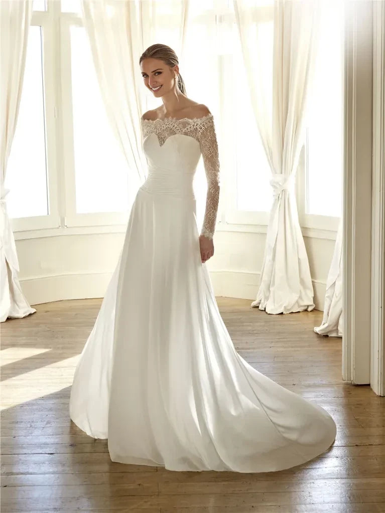 A-Line Off-Shoulder Lace Long Sleeve Floor-Length Wedding Dress - Chloe Dress