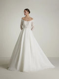 A-Line Off-Shoulder Lace Long Sleeve Open Back Floor-Length Wedding Dress - Chloe Dress