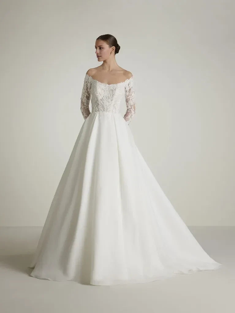 A-Line Off-Shoulder Lace Long Sleeve Open Back Floor-Length Wedding Dress - Chloe Dress
