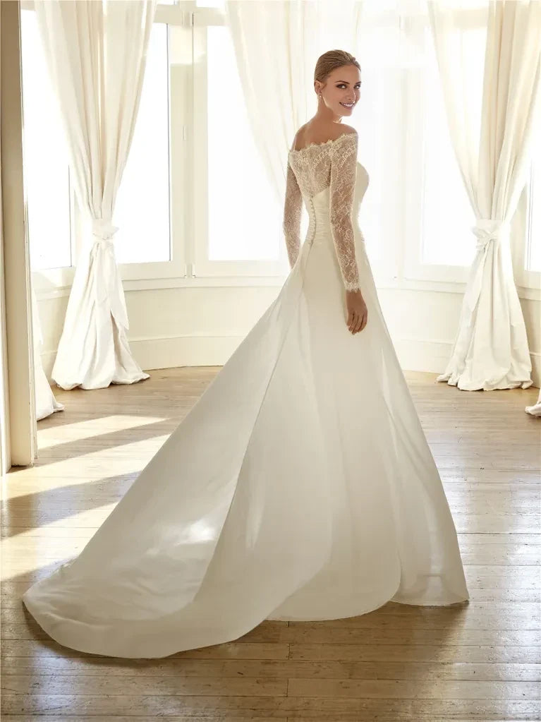 A-Line Off-Shoulder Lace Long Sleeve Floor-Length Wedding Dress - Chloe Dress