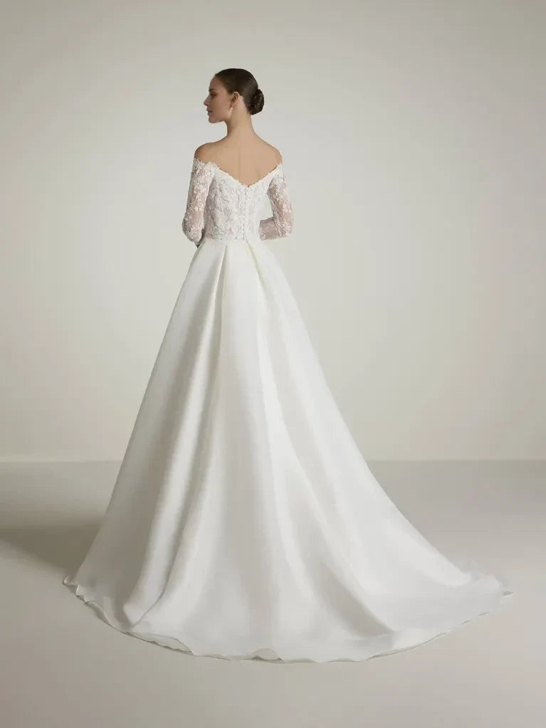 A-Line Off-Shoulder Lace Long Sleeve Open Back Floor-Length Wedding Dress - Chloe Dress