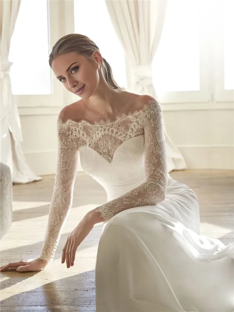 A-Line Off-Shoulder Lace Long Sleeve Floor-Length Wedding Dress - Chloe Dress